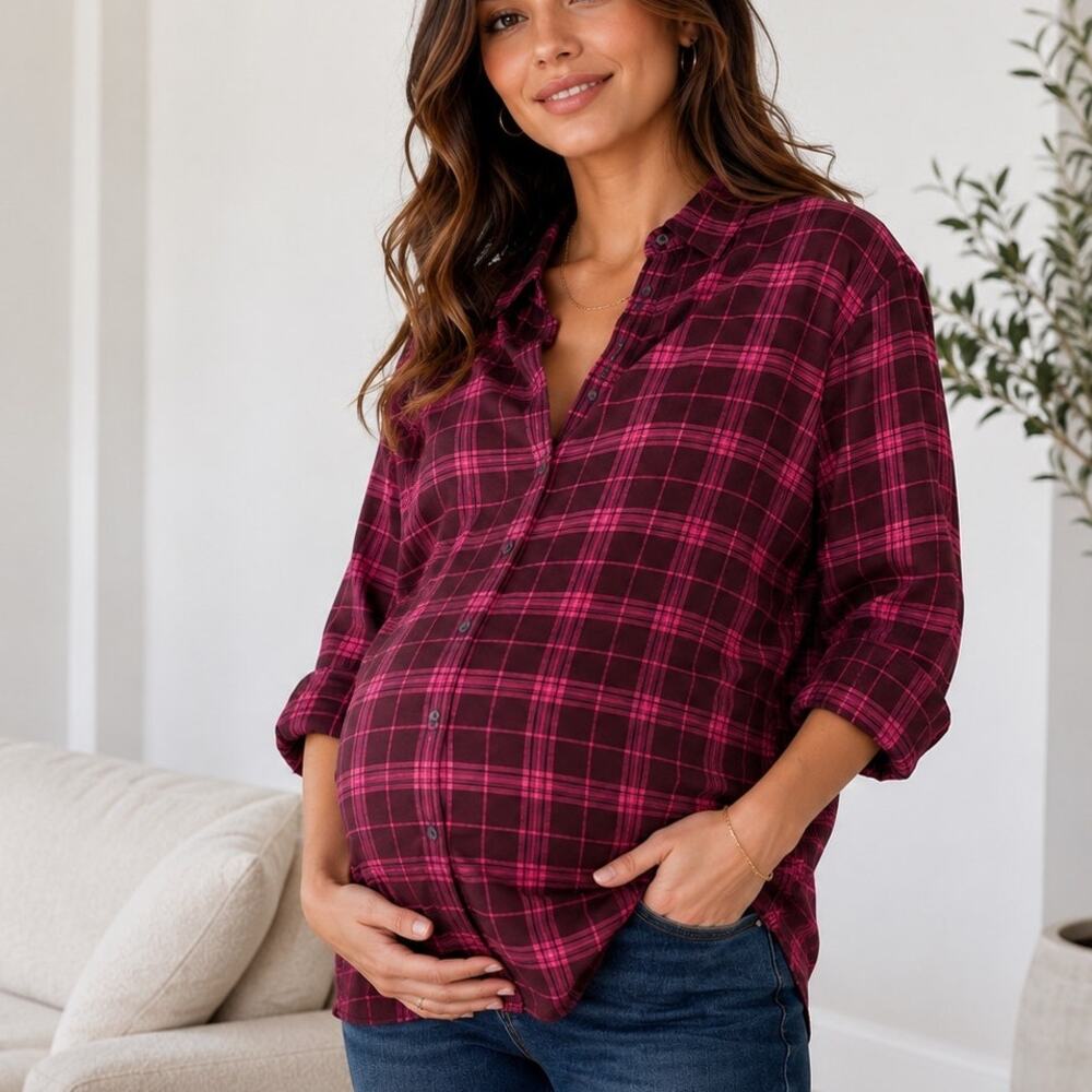 Hatch Maternity Purple Pink Plaid Rayon Button Down Blouse Womens Size Small 1